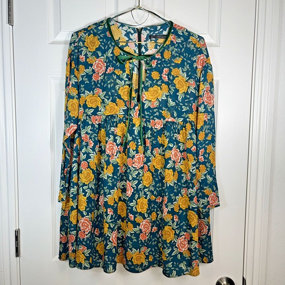 ZARA Boho Floral Romper Cottagecore Velvet Bow Tie Long Sleeve Mini Dress Style